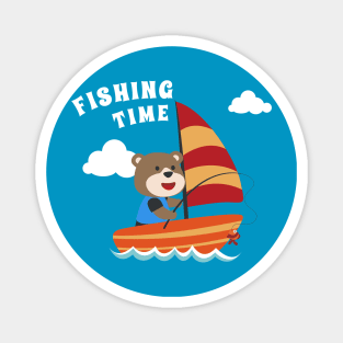 Vector cartoon illustration of cute bear fishing on sailboat with cartoon style. Magnet